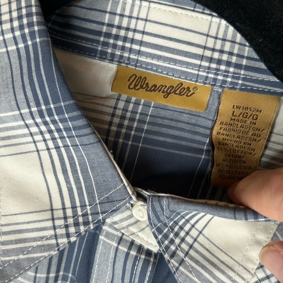 Wranglers Plaid Shirt Faux Pearl Snaps NWT Size Large Blue and Cream - Picture 6 of 6